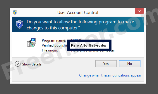 Screenshot where Palo Alto Networks appears as the verified publisher in the UAC dialog